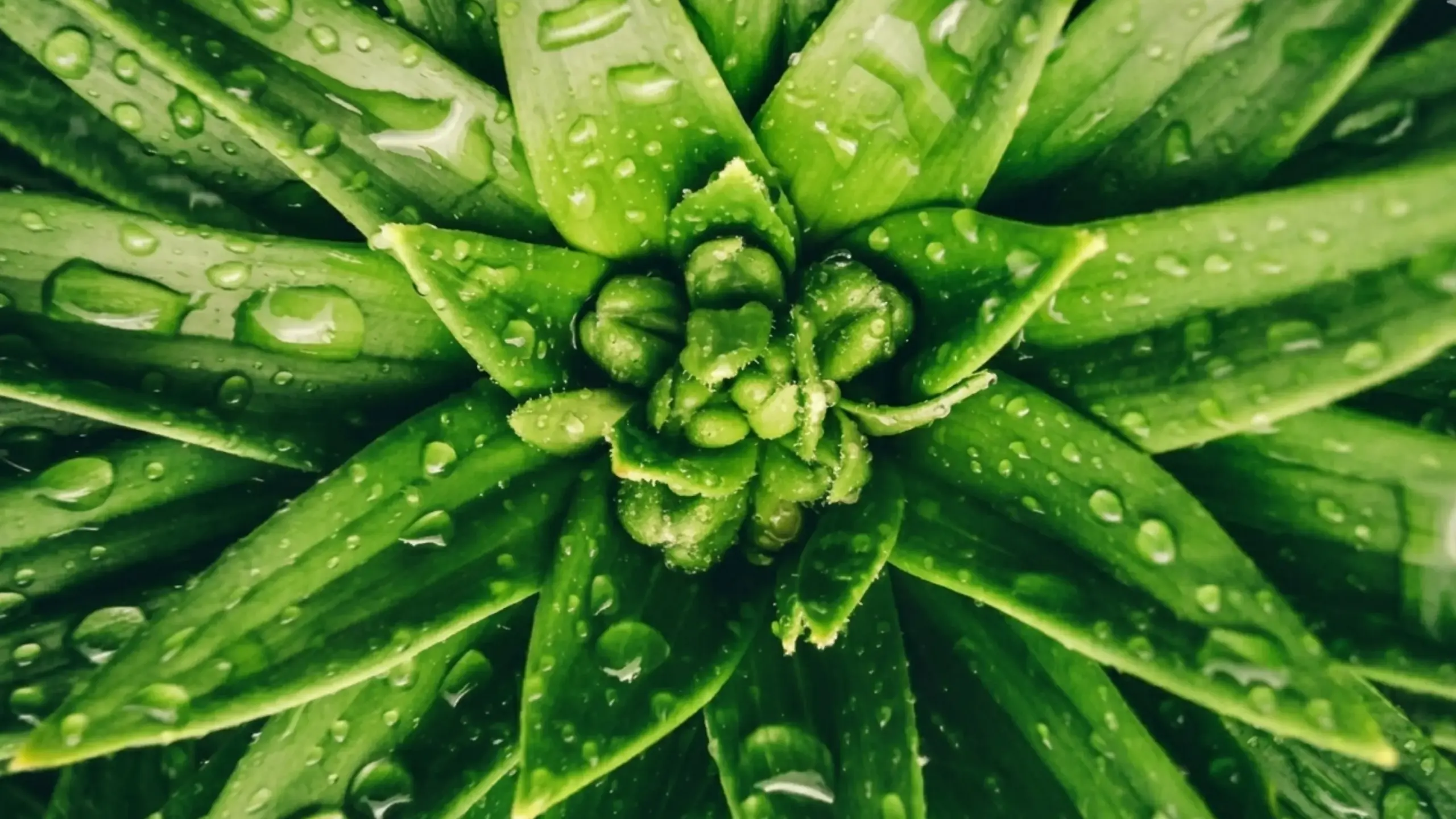 Close-up of green leaves covered in raindrops